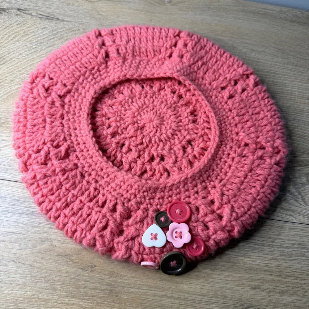 OshKosh B'Gosh Pink Crochet Knit Beret French Style Button Heart Flower Girl Hat